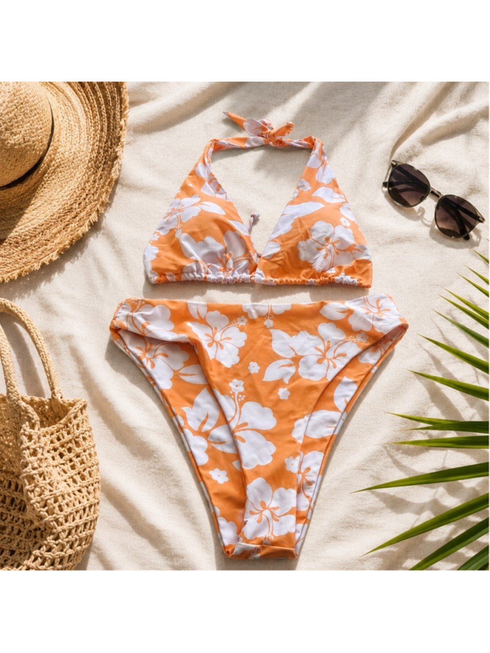 Aurelle Floral Halter Bikini Set Orange White Size Large
